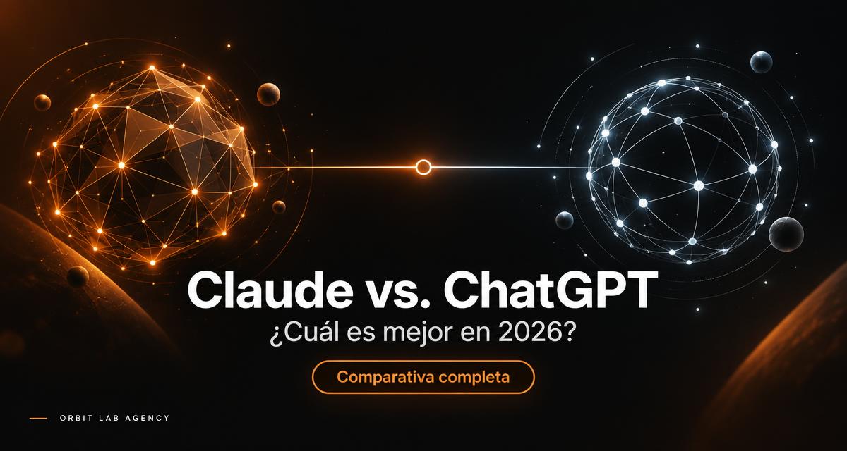 Ilustración de dos ecosistemas de inteligencia artificial enfrentados con el texto Claude vs. ChatGPT, ¿Cuál es mejor en 2026?