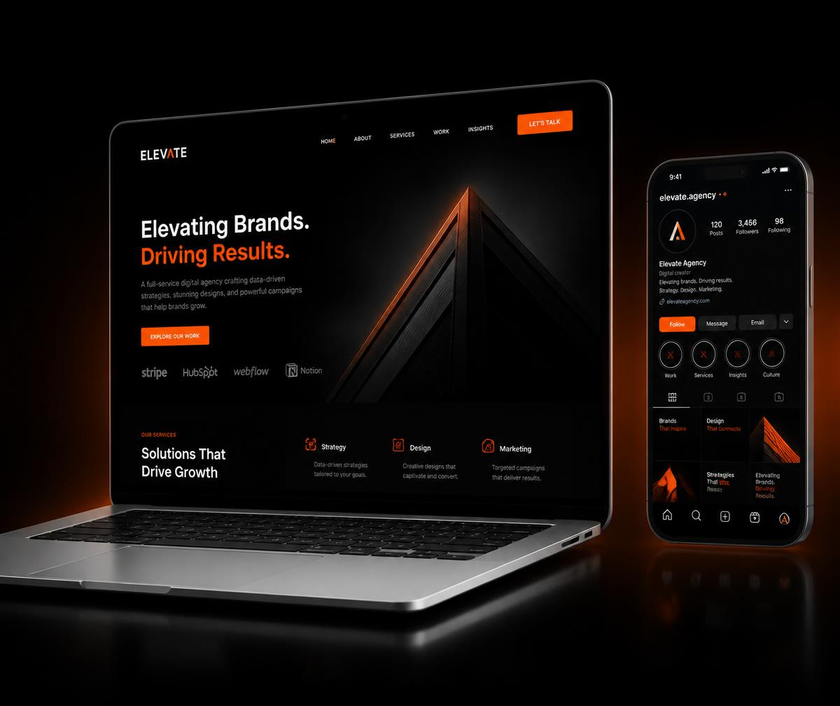 Mockup de laptop con sitio web profesional y smartphone mostrando Instagram